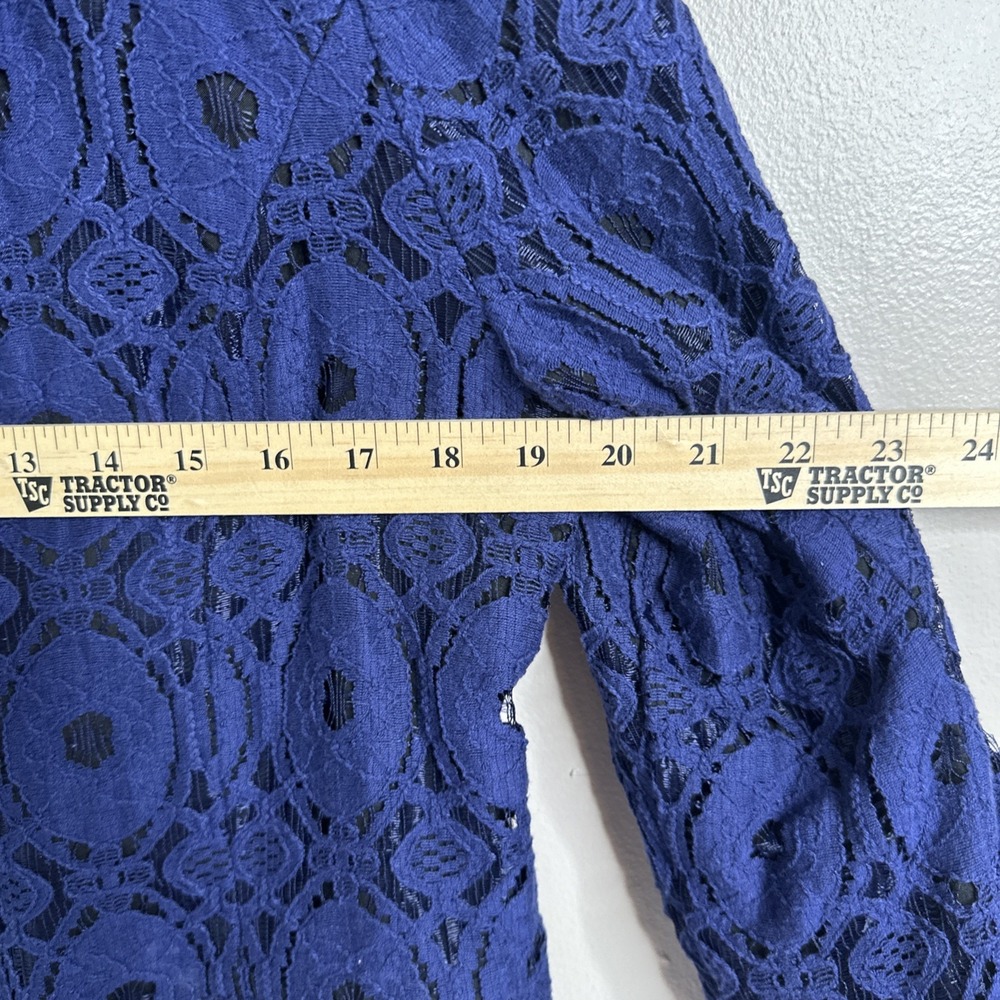 Chicos Women's Blue Lace Open Front Jacket Size 2 Lined‎ Cotton Blend Blazer - Picture 9 of 11